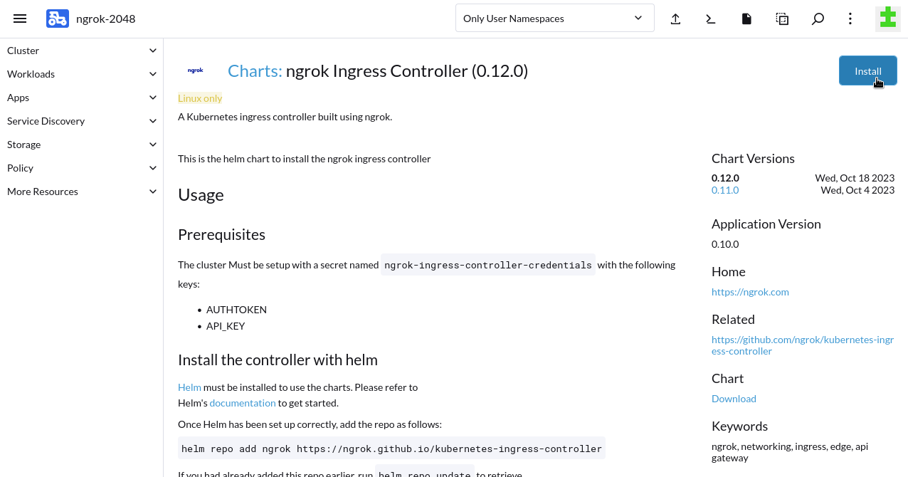 Find the ngrok Ingress Controller Helm Chart and begin installation